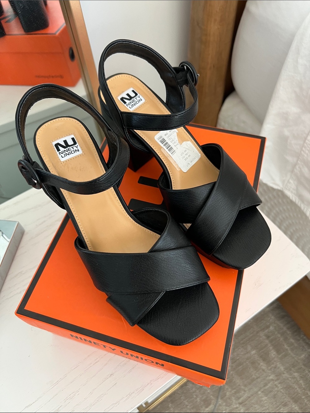 Ninety Union Black Leather Crisscross Block Heel Sandals